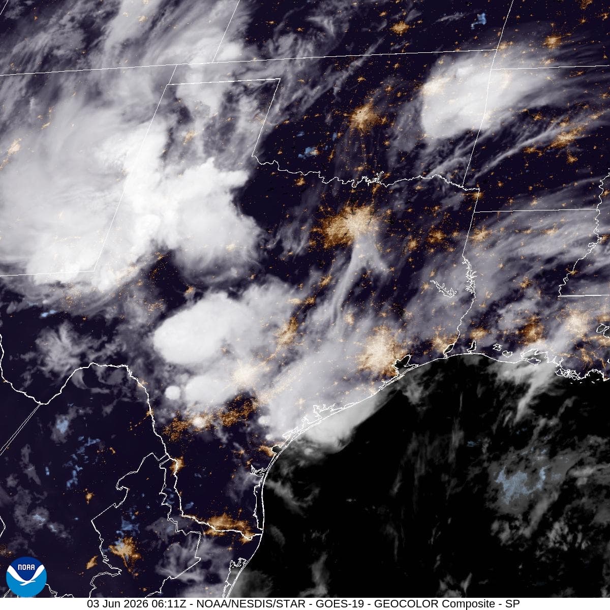 NOAA GOES satellite view of the Southern Plains