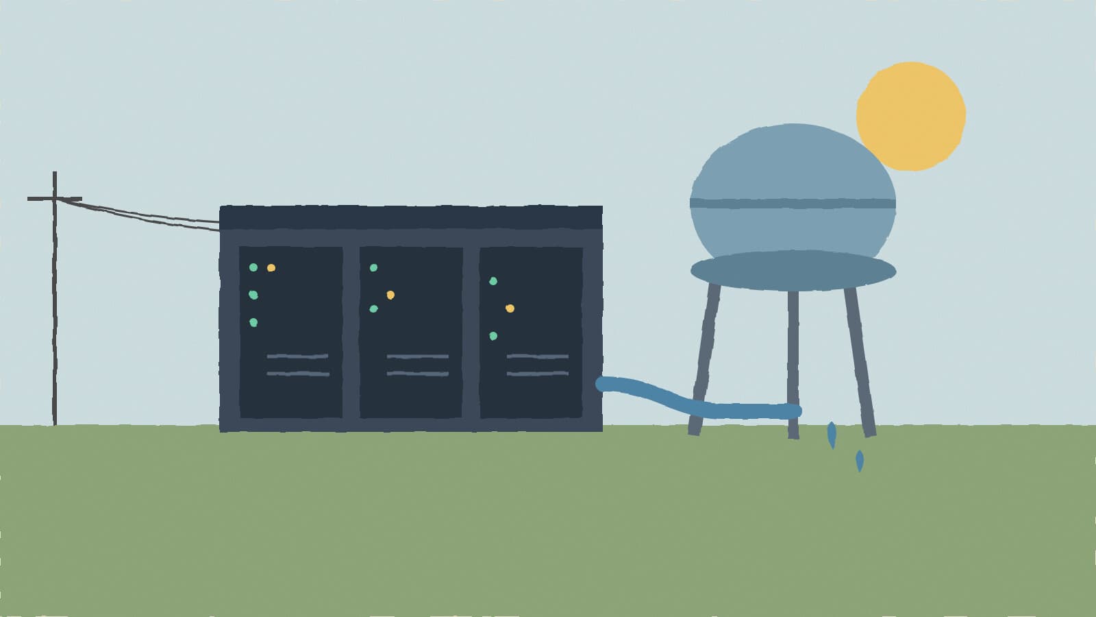 Server racks beside a water tower - illustration, Jake Team LLC