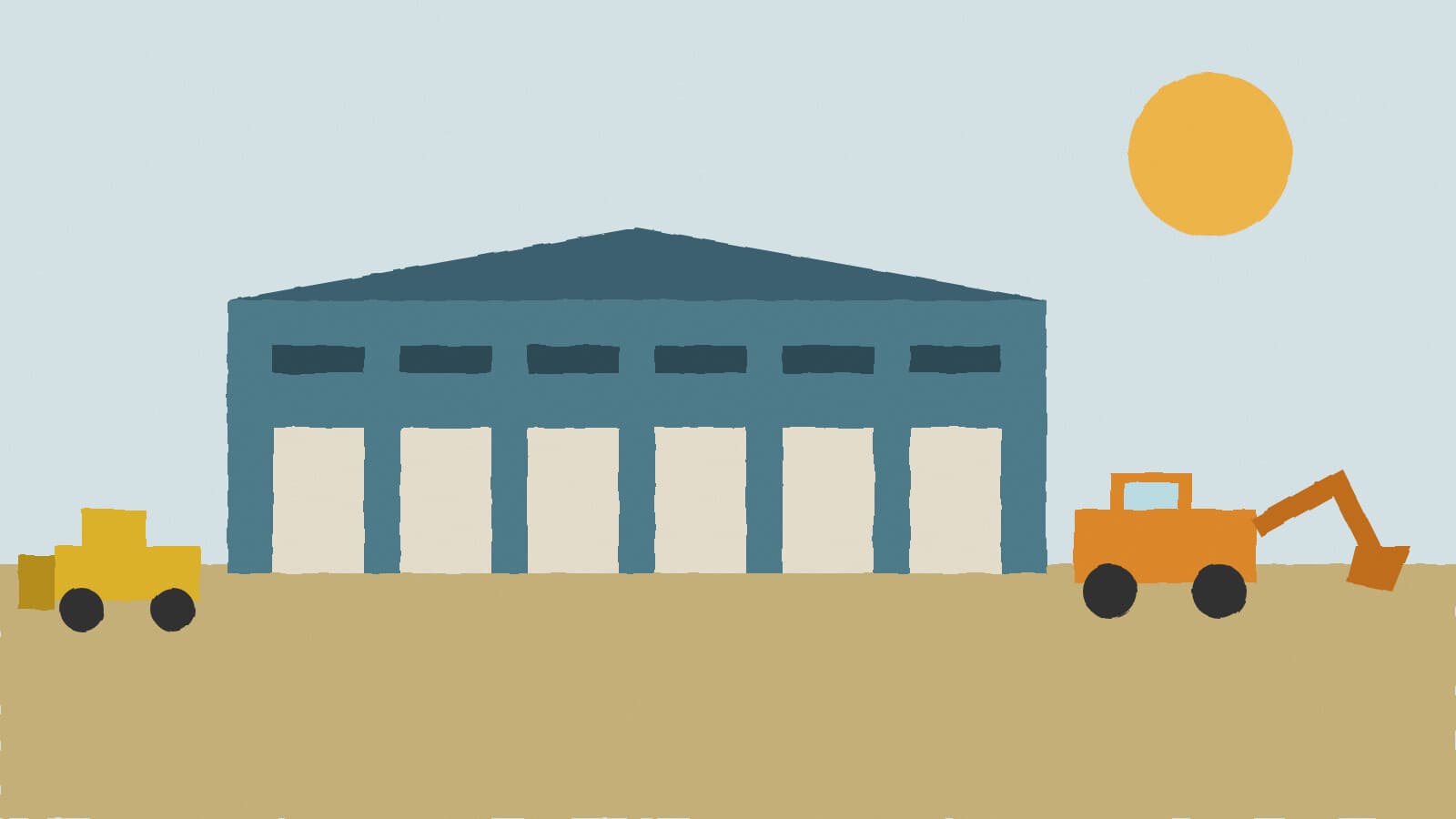 Warehouse and parked earthmovers - illustration, Jake Team LLC