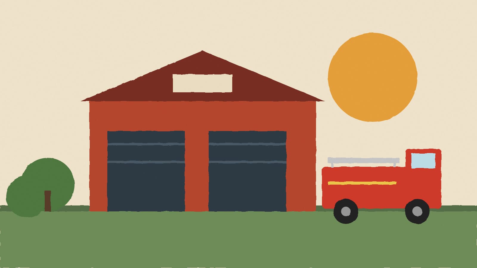 Fire station and engine - illustration, Jake Team LLC