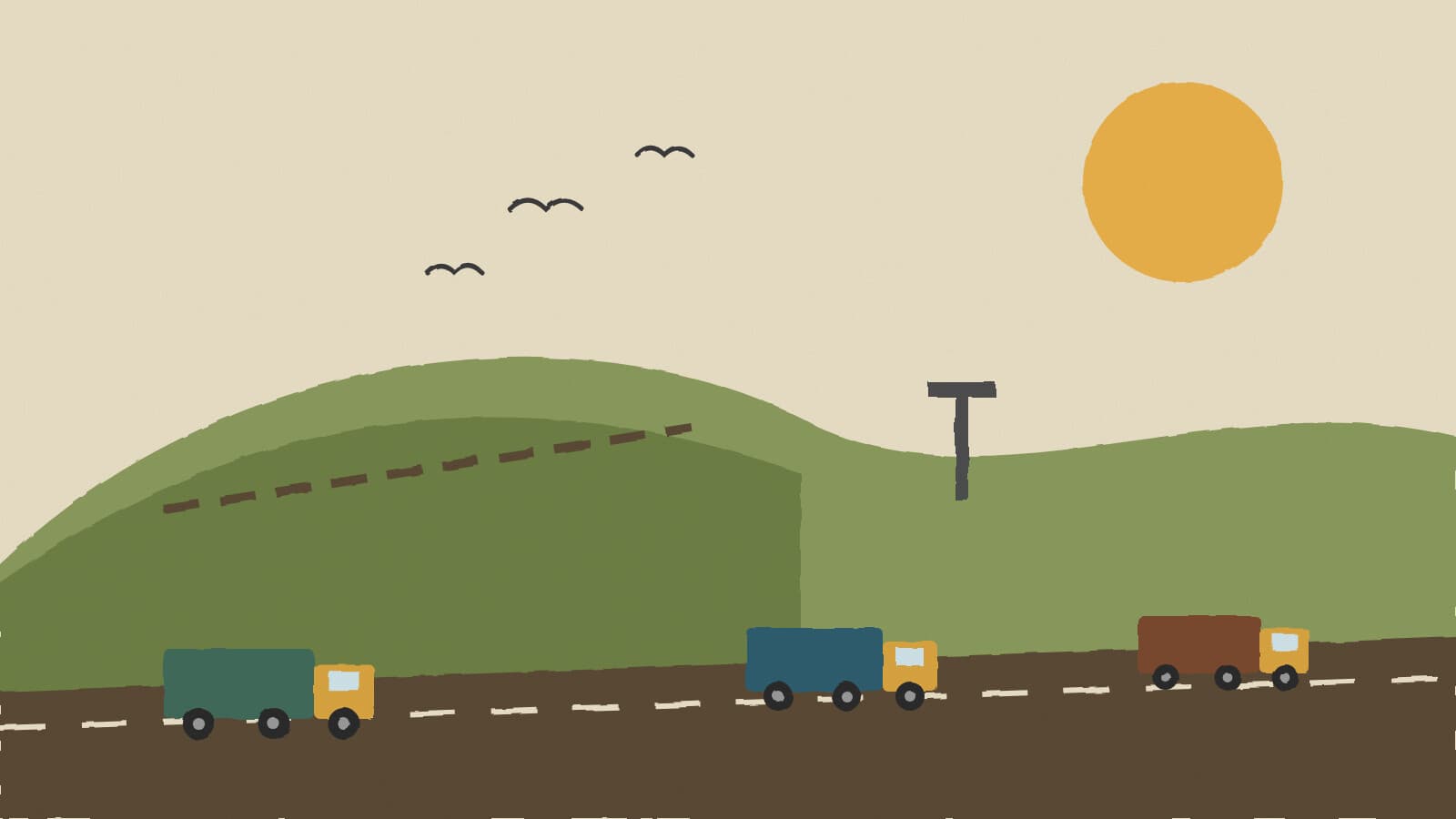 Trucks below landfill hills - illustration, Jake Team LLC
