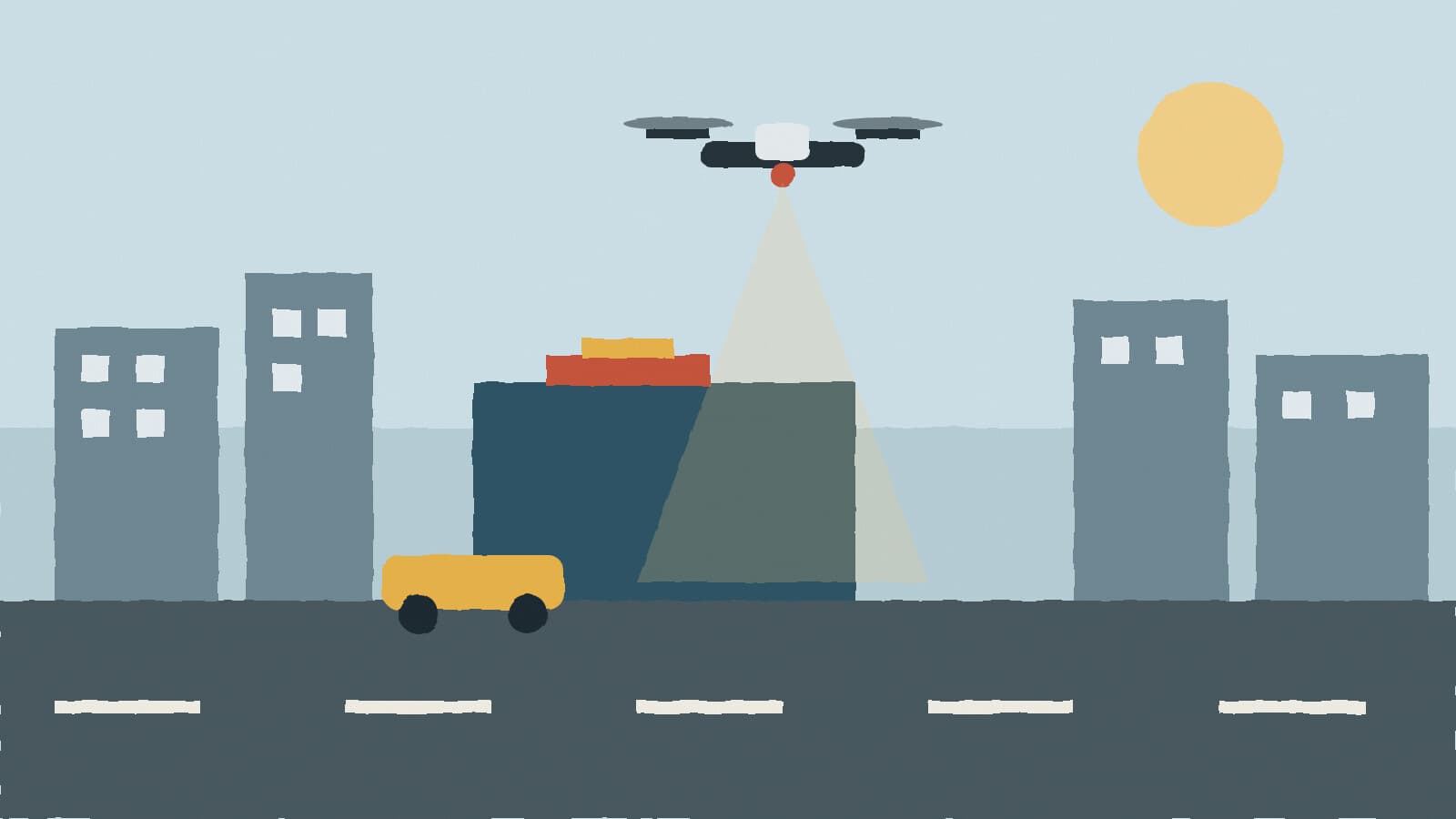 Drone over city street - illustration, Jake Team LLC