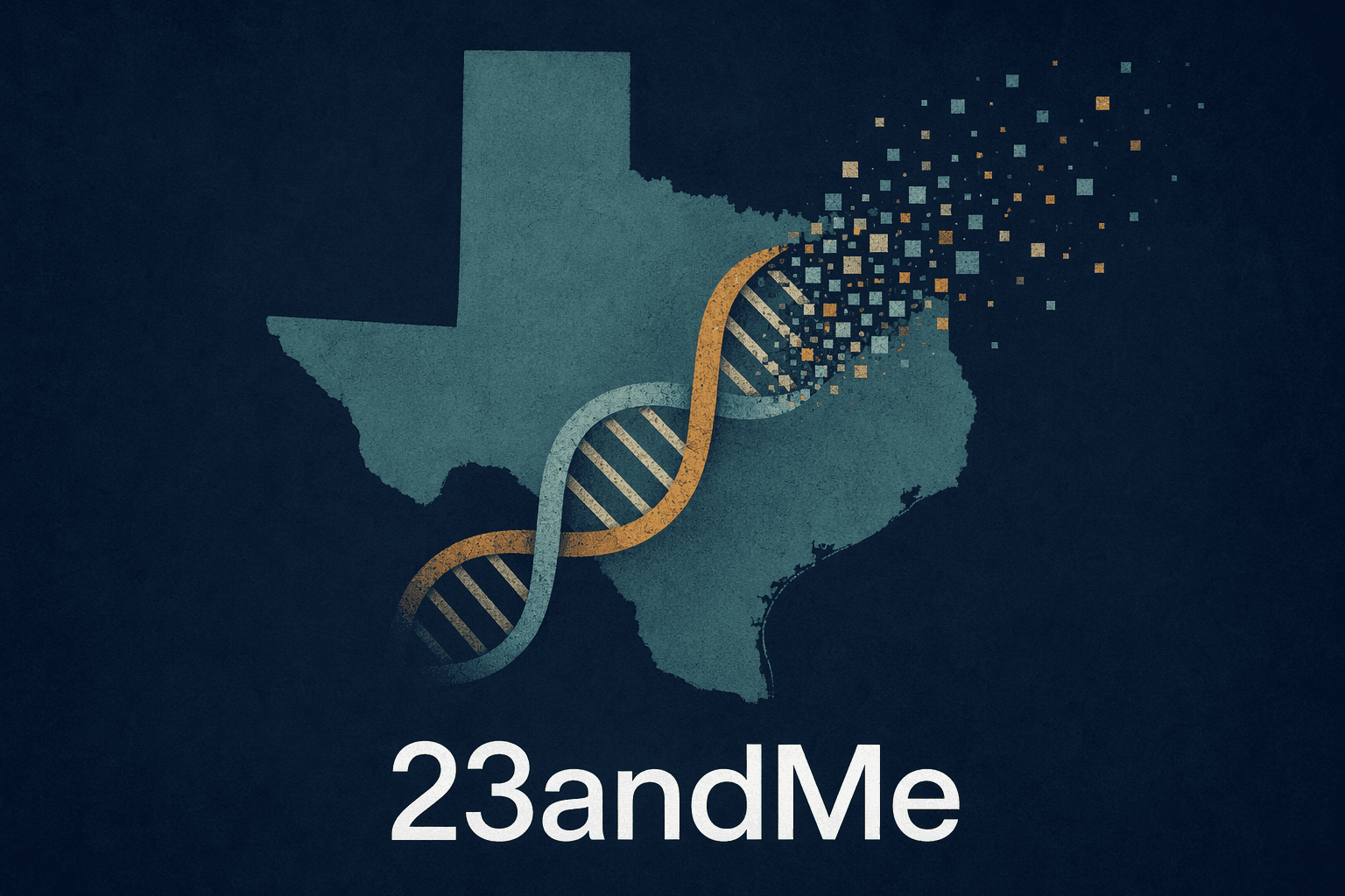 The shape of Texas with a DNA helix dissolving into data, 23andMe - illustration, Jake Team LLC