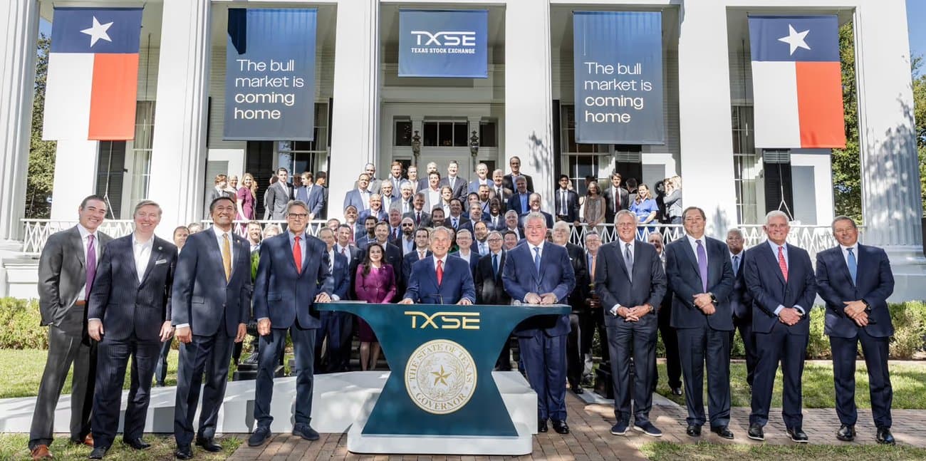 Texas Stock Exchange launch event with Texas flags and TXSE banners. Credit: TXSE.com.