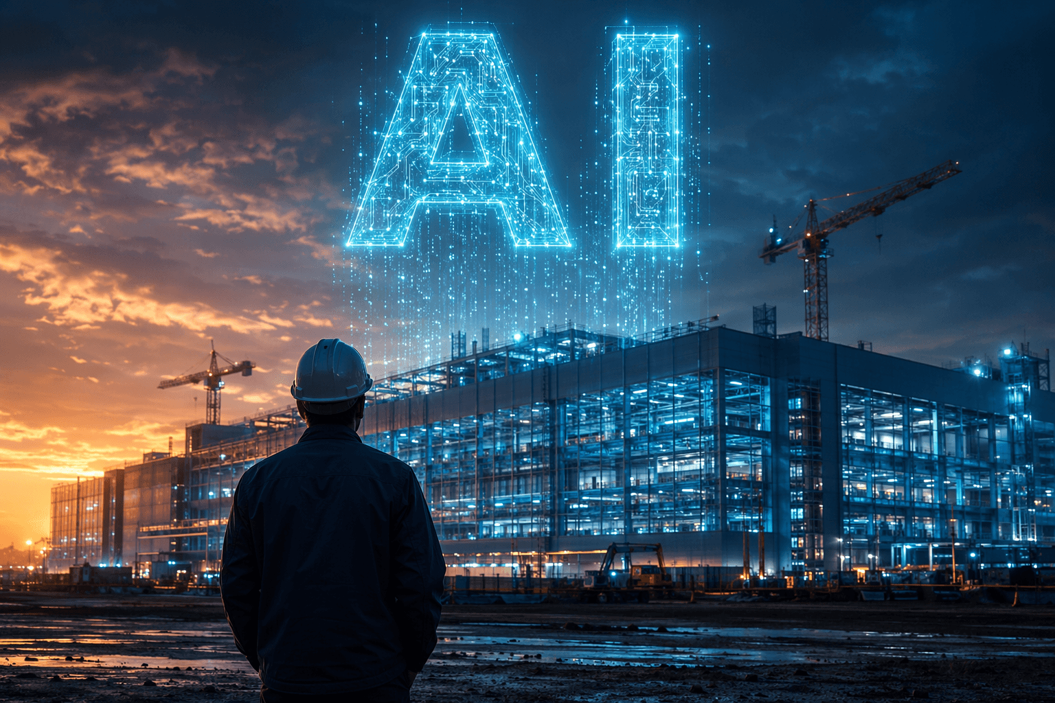 A worker gazes at a high-tech manufacturing facility beneath a glowing digital AI - illustration, Jake Team LLC