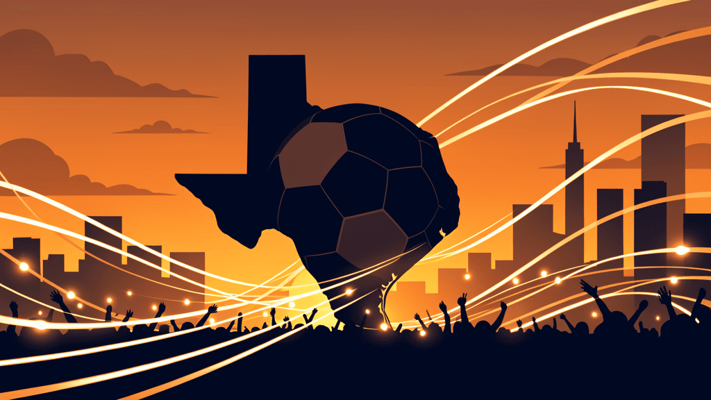 Illustration of a soccer ball against the Texas sky with World Cup energy — sports news illustration by Jake Team LLC