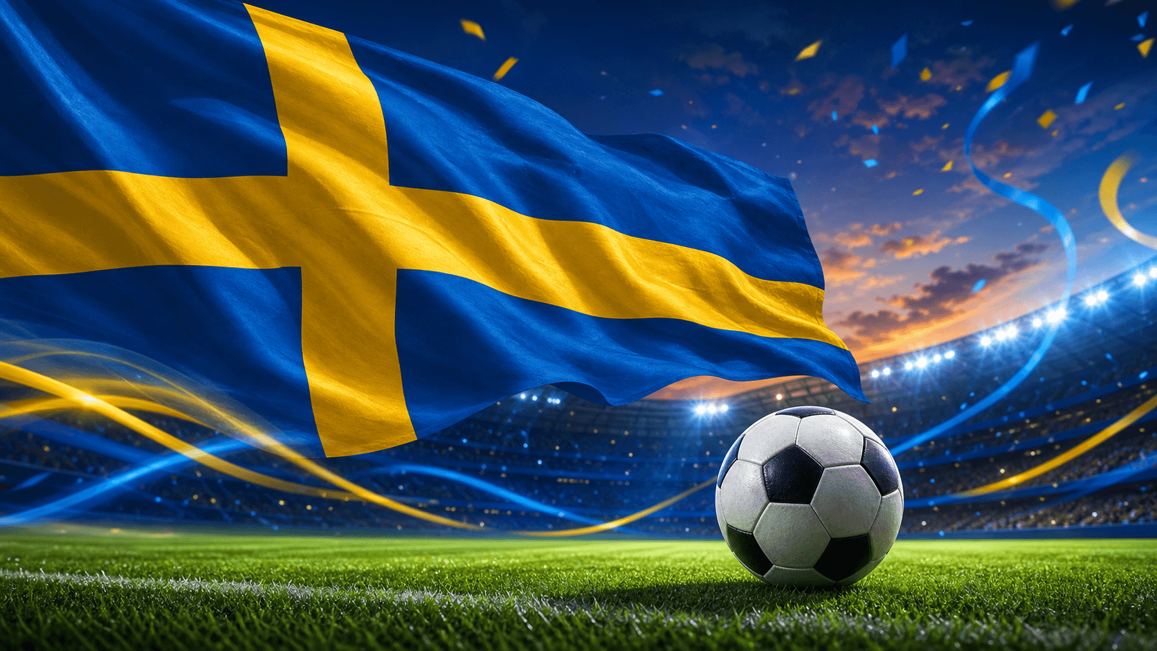 Swedish flag over a soccer ball inside a lit stadium with blue and yellow tournament-style ribbons
