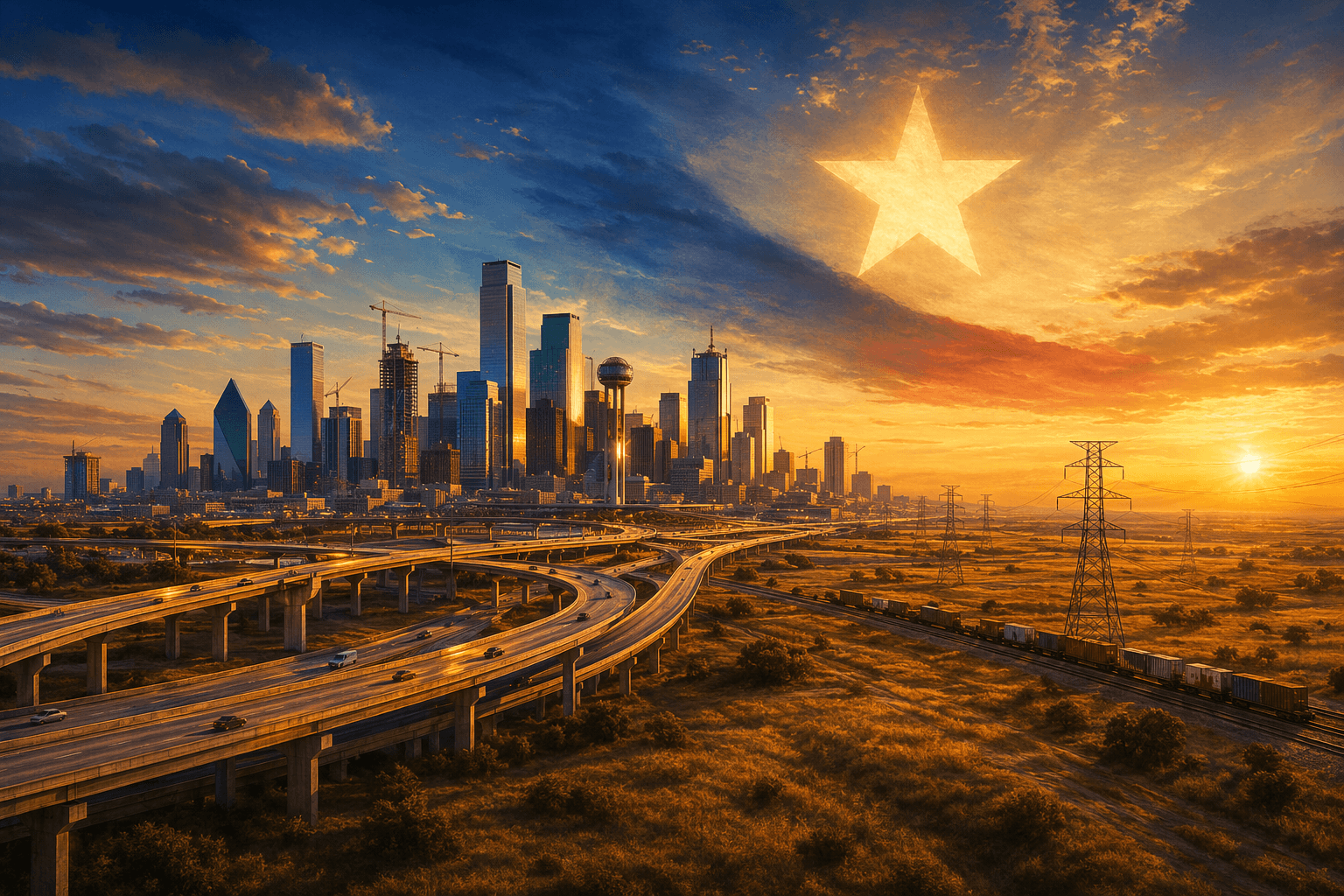 Texas skyline with Lone Star sky, highways and freight rail - illustration, Jake Team LLC