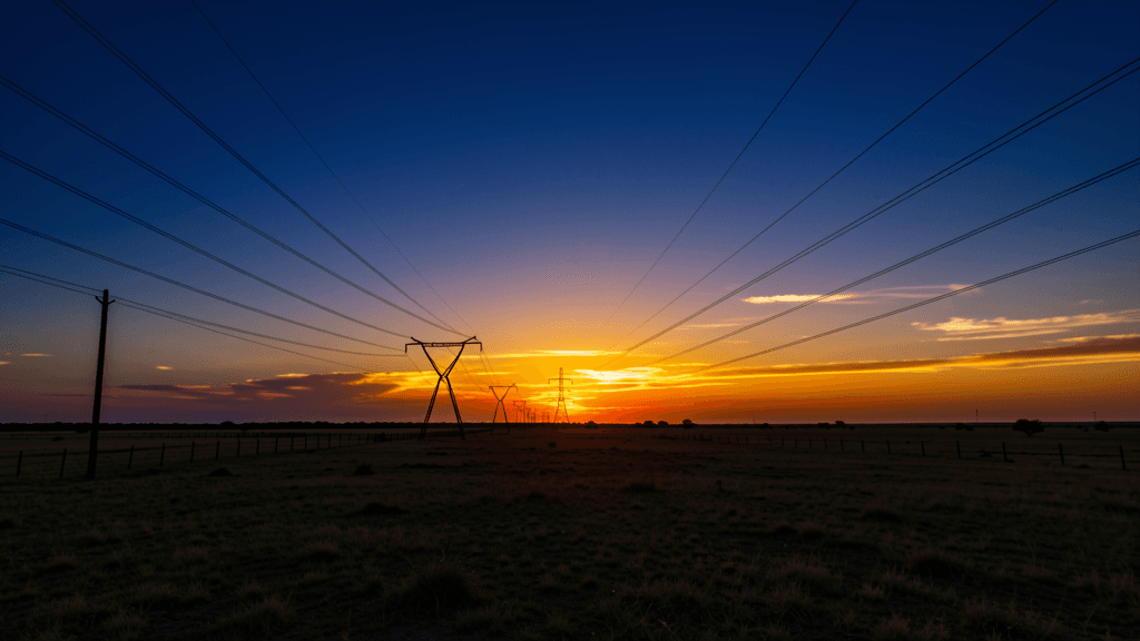 Texas power grid transmission lines at sunset over plains — illustration, Jake Team LLC