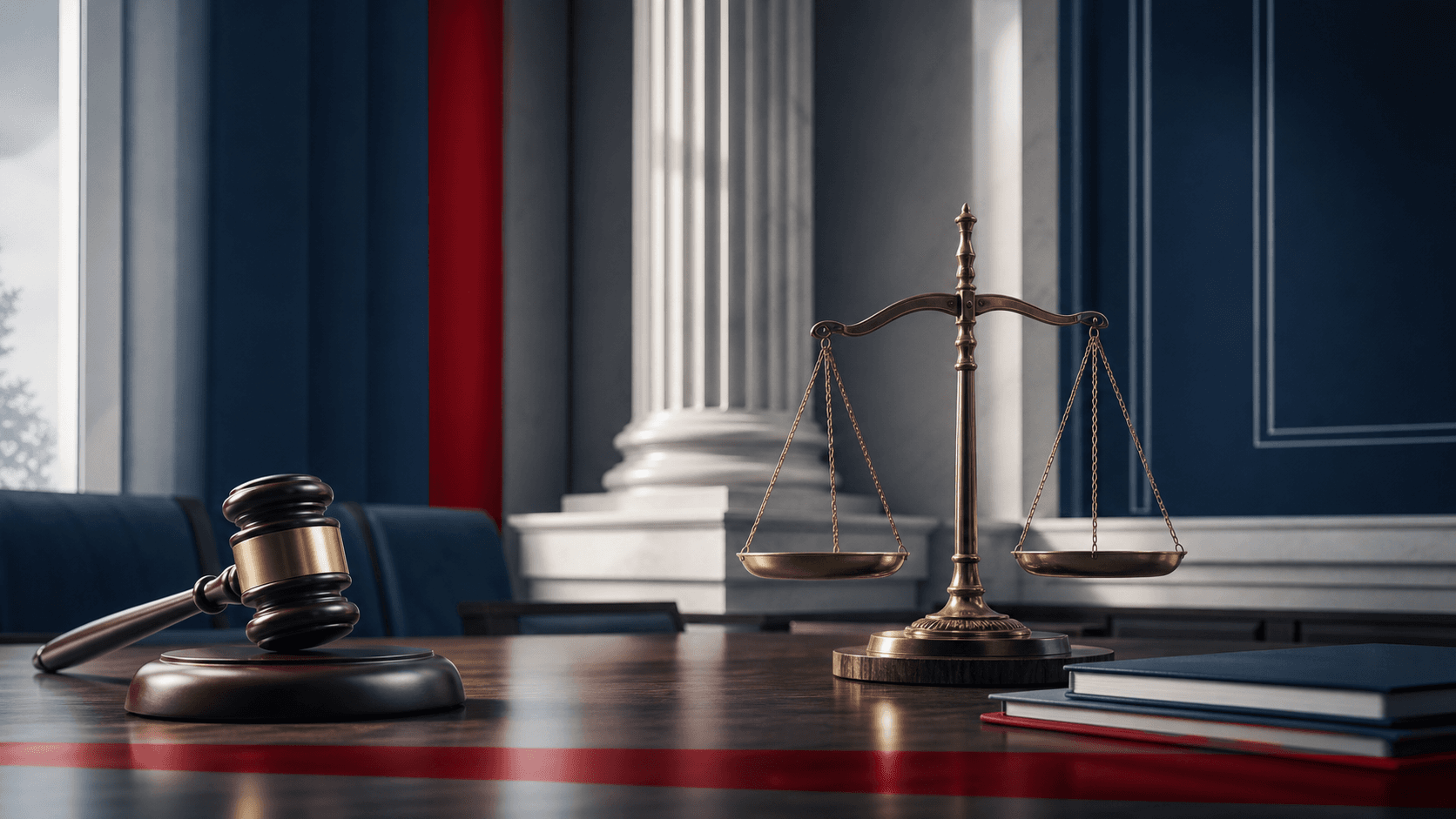 Courtroom gavel and scales of justice in a Frisco-themed civic news illustration.