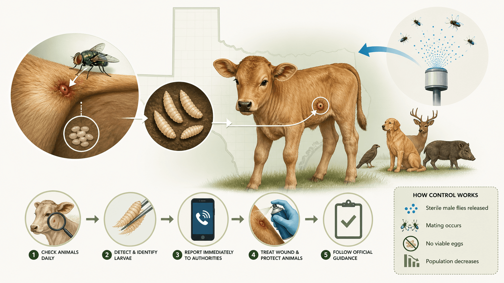 Medical-style illustration showing how New World screwworm can infest animal wounds and how sterile fly releases help control the pest.