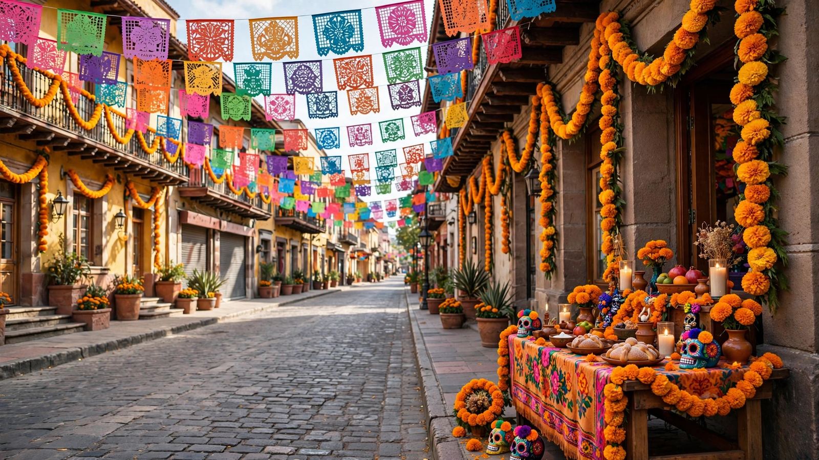 Downtown street festival with marigolds and colorful decorations - illustration
