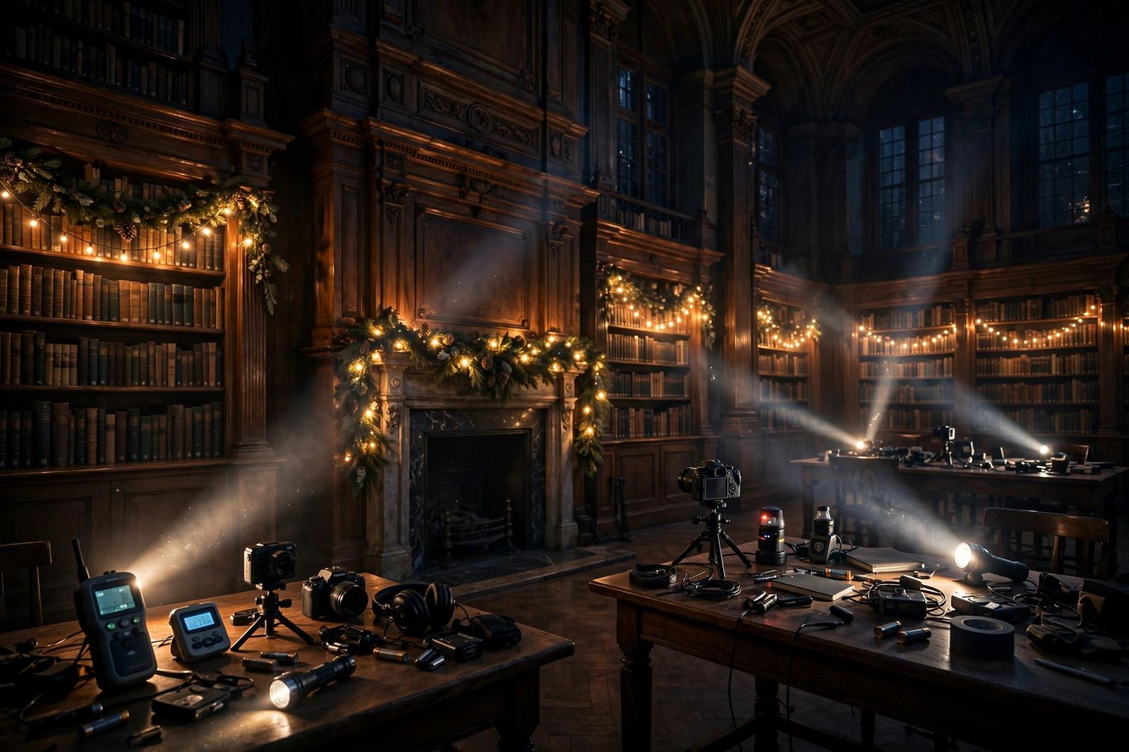 Dim library interior with investigation equipment - illustration