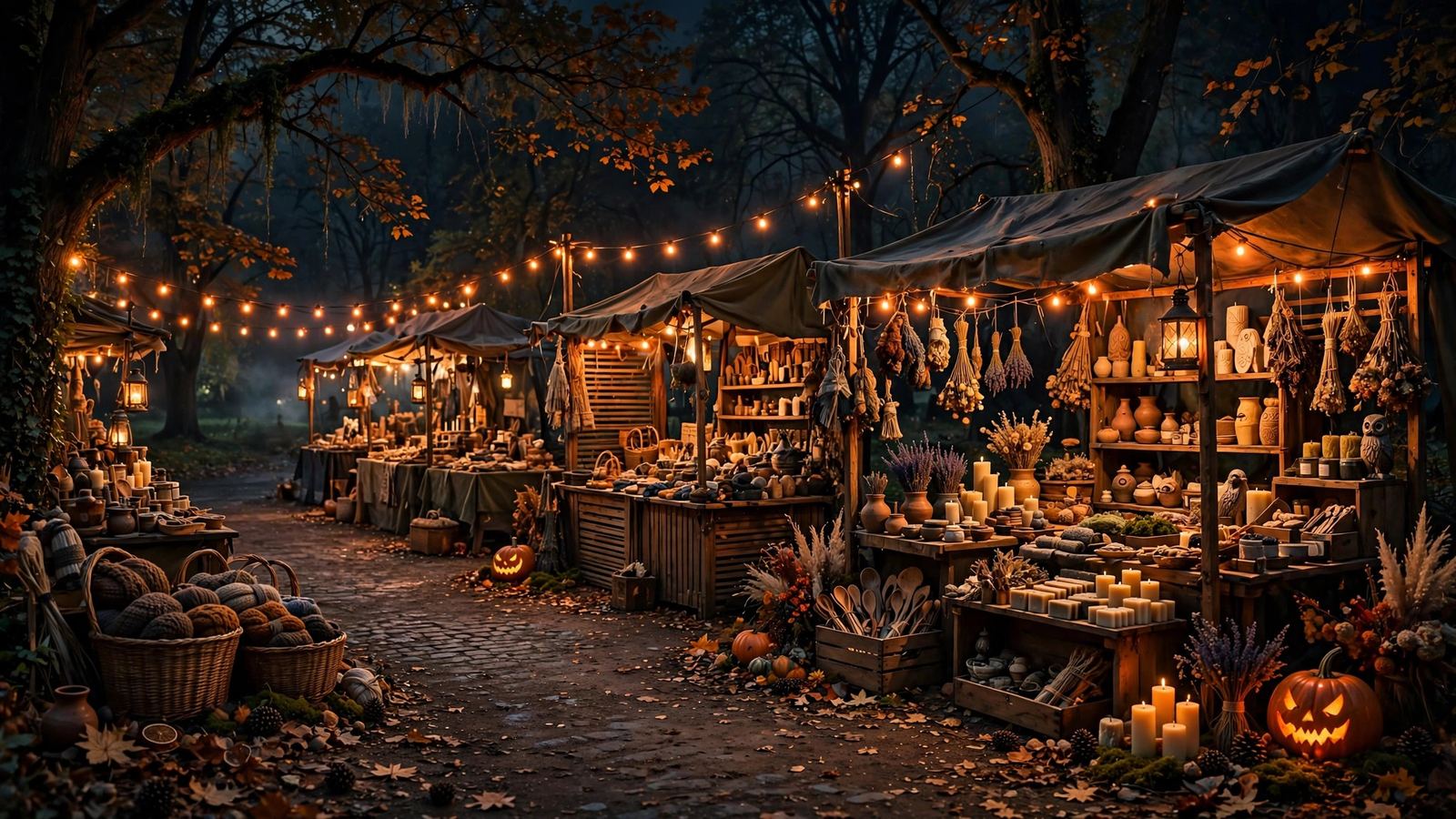 Park at night with artisan vendor booths and Halloween lights - illustration